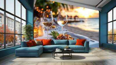 Dinner table set up on a beach with white tablecloths, gourmet food, and glasses of wine, all beautifully illuminated by the golden glow of a stunning sunset. Wall mural