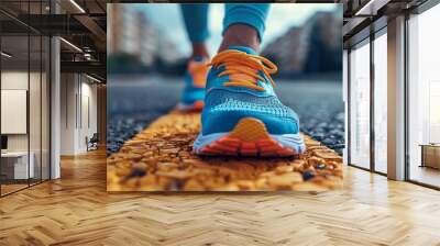 Dynamic angle showcasing details and colors of sports shoes in action on a textured road during a run Wall mural