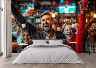 Exuberant group of friends celebrating and toasting with beers in a lively pub atmosphere Wall mural