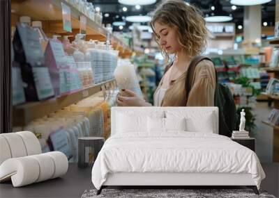 Female shopper reading label on organic bath product in a health and beauty aisle Wall mural