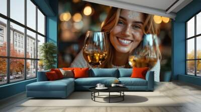 Joyful woman smiling with two wine glasses in her hands, festive bokeh lights backdrop Wall mural