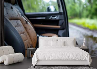 Passenger side view of a car interior having brown and black leather seats with mud splashed across, showing the aftermath of an outdoor adventure or rough terrain drive. Wall mural