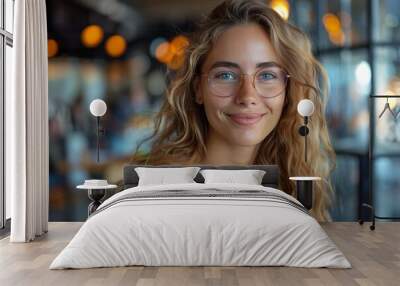 Portrait of a content young woman with curly hair and trendy glasses in a naturally lit café Wall mural