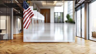 The U.S. flag hangs proudly in a sunlit hallway, presenting a powerful image of national pride, history, and unity in a public institution setting. Wall mural