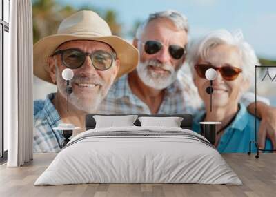 Three elderly friends, two men and a woman, smile together while standing on a sunny beach, wearing sunglasses and summer attire, enjoying their time outdoors. Wall mural