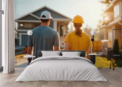 Two construction workers are seen from behind standing in a residential neighborhood, wearing a cap and helmet, symbolizing teamwork, planning, and home building progress. Wall mural