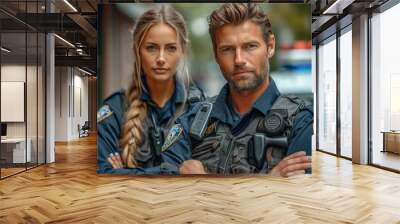 Two individuals clad in authoritative police attire stand tall and proud, exuding a sense of power and protection against the backdrop of the great outdoors, with the man's jacket and military unifor Wall mural