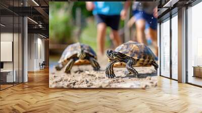 Two turtles advancing rapidly along a sandy track with a background of children running behind them, portraying a playful and competitive environment in a natural setting. Wall mural