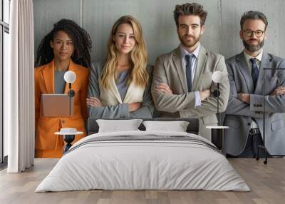 young professionals in casual business attire posing with digital devices in an office Wall mural