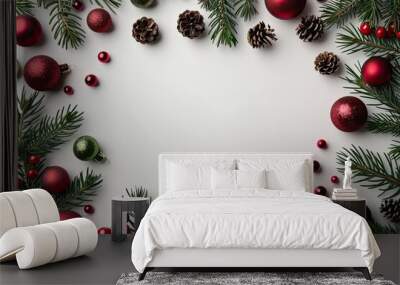 Christmas frame with blank center, festive red and green decorations, perfect for holiday designs Wall mural