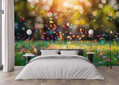 Colorful confetti falling on green grass with blurry trees and sunlight in the background. Wall mural