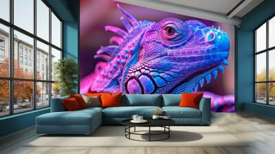 iguana basking under a UV lamp, detailed close-up of scales, exotic and fascinating Wall mural