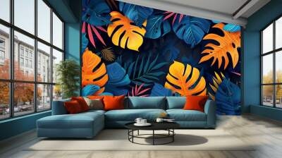 vibrant blue and orange tropical leaves Wall mural