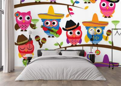 Cinco de Mayo Themed Collection of Owls and Branches  Wall mural