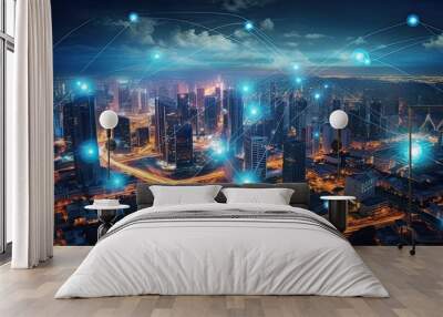 5G wireless network, high speed internet, cloud computing or connect diagram technology, Data storage, service, synchronize, online, financial, Connectivity global, smart city, Gen by AI Wall mural