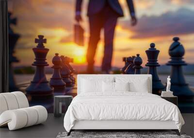 A man is walking across a chess board with a briefcase in his hand Wall mural