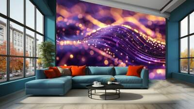 Abstract futuristic background with gold and blue glowing neon moving high speed wave lines and bokeh lights. Visualization of sound waves. Data transfer. Fantastic wallpaper gen by AI Wall mural