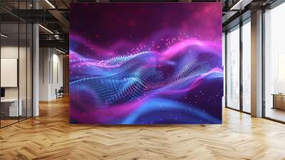 Abstract futuristic background with purple and blue glowing neon moving high speed wave lines and bokeh lights. Visualization of sound waves. Data transfer. Fantastic wallpaper gen by AI Wall mural