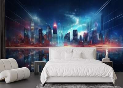 cityscape with space and neon light effect. Modern hi-tech, science, futuristic technology concept. Abstract digital high tech city design for banner background. Wall mural