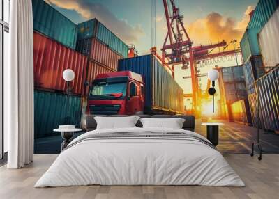 Container truck in ship port for business Logistics and transportation of Container Cargo ship and Cargo plane with working crane bridge in shipyard at sunrise, logistic import export and transport Wall mural