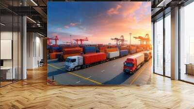 Container truck in ship port for business Logistics and transportation of Container Cargo ship and Cargo plane with working crane bridge in shipyard at sunrise, logistic import export and transport Wall mural