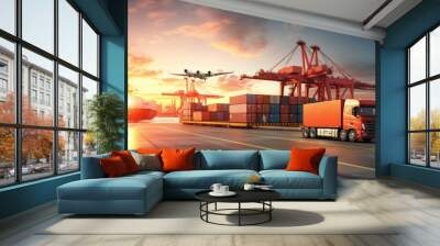 Container truck in ship port for business Logistics and transportation of Container Cargo ship and Cargo plane with working crane bridge in shipyard at sunrise, logistic import export and transport Wall mural