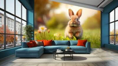 cute animal pet rabbit or bunny smiling and laughing isolated with copy space for easter background, rabbit, animal, pet, cute, fur, ear, mammal, background, celebration, generate by AI Wall mural