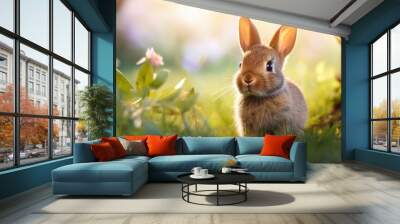 cute animal pet rabbit or bunny smiling and laughing isolated with copy space for easter background, rabbit, animal, pet, cute, fur, ear, mammal, background, celebration, generate by AI Wall mural