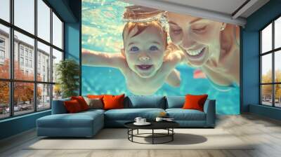 Cute smiling baby and mom having fun swimming and diving in the pool at the resort on summer vacation. Activities and sports to happy kid, family, holiday, Wall mural