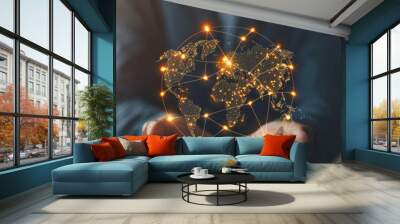 Digital technology, businessman holding Global network connection. Big data analytics and business intelligence. World map point and line composition of global business. innovation, generate by AI. Wall mural