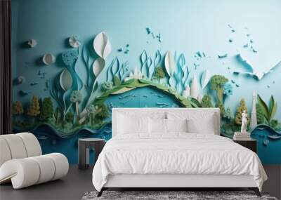 Ecology and world water day, Saving water and world Environment day, environmental protection and save earth water, Paper art. Wall mural