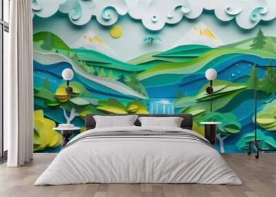 Ecology and world water day, Saving water and world Environment day, environmental protection and save earth water, Paper art Wall mural