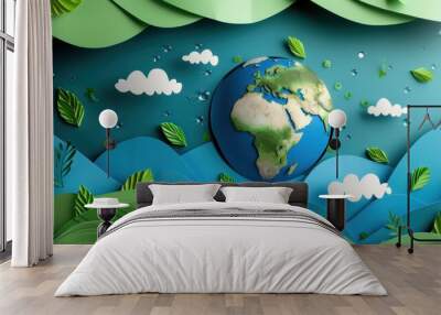 Ecology and world water day, Saving water and world Environment day, environmental protection and save earth water, Paper art Wall mural