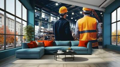 Engineers and factory managers wearing safety helmet inspect the machines in the production. inspector opened the machine to test the system to meet the standard. machine, maintenance Wall mural