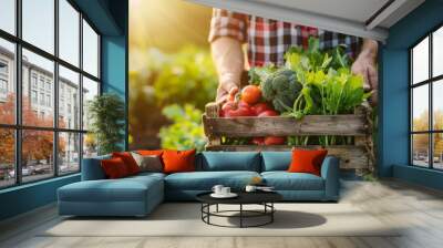 farmer holding wooden box full of fresh vegetables. harvesting season. basket with vegetables in the hands of a farmer background, healthy, organic, food, agriculture Wall mural