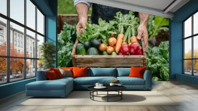 farmer holding wooden box full of fresh vegetables. harvesting season. basket with vegetables in the hands of a farmer background, healthy, organic, food, agriculture Wall mural