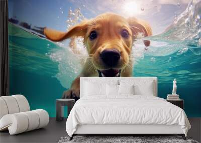 Funny underwater picture of puppies in swimming pool playing deep dive action training game with family pets and popular dog breeds during summer holidays. recreation, relax, generate by AI Wall mural