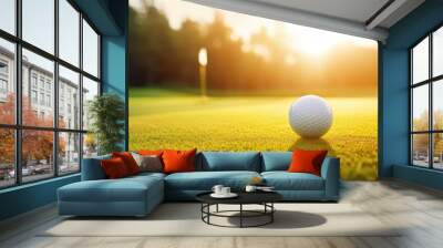 Golf ball on a tee, shallow depth of field with expanse of the course behind, green, ball, grass, sport, game, course, leisure, club, field, summer Wall mural