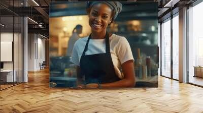 Happy professional chef cooking in kitchen in restaurant. females professional chef cooking in kitchen, food, professional, owner, entrepreneur, Gen AI. Wall mural