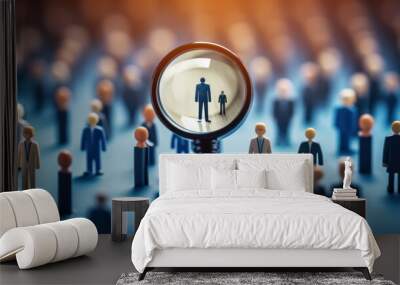 HRM or Human Resource Management, Magnifier glass focus to manager icon which is among staff icons for human development recruitment leadership and customer target. resume, interview. generate by AI Wall mural