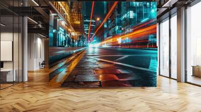 Light trails on the modern building background. Light trails at night in urban environment, Abstract Motion Blur City, traffic, transportation, street, road, speed Wall mural