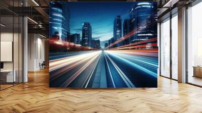 Light trails on the modern building background. Light trails at night in urban environment, Abstract Motion Blur City, traffic, transportation, street, road, speed Wall mural