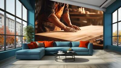 man owner a small furniture business is preparing wood for production. carpenter male is adjust wood to the desired size. architect, designer, Built-in, professional wood, craftsman, workshop. Wall mural