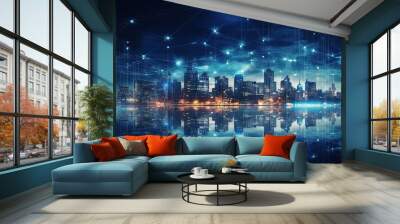 Modern city with wireless network connection and urban landscape concept, wireless network and technology connection with city background at night. Wall mural