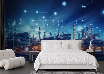 Modern factory, communication network. Telecommunication. IoT, Internet of Things, ICT, Information communication Technology,. Smart factory. Digital transformation, cloud connecting, generate by AI Wall mural