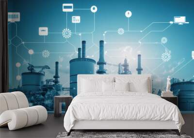 Modern factory, communication network. Telecommunication. IoT, Internet of Things, ICT, Information communication Technology,. Smart factory. Digital transformation, cloud connecting, generate by AI Wall mural