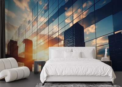 Modern office building or business center. High-rise windor buildings made of glass reflect the clouds and the sunlight. empty street outside  wall modernity civilization. growing up business Wall mural