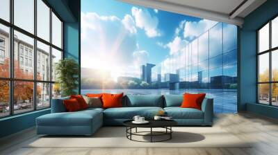 Modern office building or business center. High-rise window buildings made of glass reflect the clouds and the sunlight. empty street outside  wall modernity civilization. growing up business Wall mural