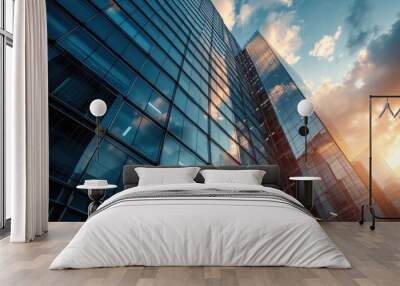 Modern office building or business center. High-rise window buildings made of glass reflect the clouds and the sunset. empty street outside  wall modernity civilization. growing up business Wall mural