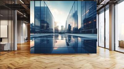 Modern office building or business center. High-rise window buildings made of glass reflect the clouds and the sunset. empty street outside  wall modernity civilization. growing up business Wall mural